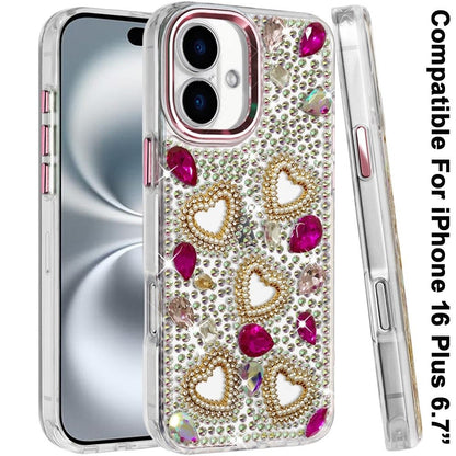 Phone Case for Apple iPhone 16 Plus Luxury Crystal Heart Rhinestone Diamond Bling Shockproof Hybrid Glitter Protective Stylish Durable Grip Cover