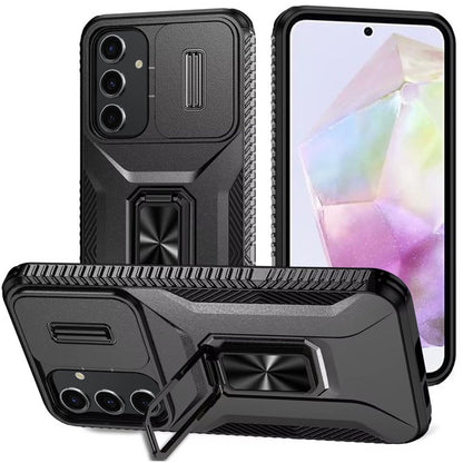For Apple iPhone 15 (6.1") Camera Cover Phone Case with Magnetic Rotation Ring Stand [Military Grade] Hybrid Hard TPU Shockproof Case Cover Black
