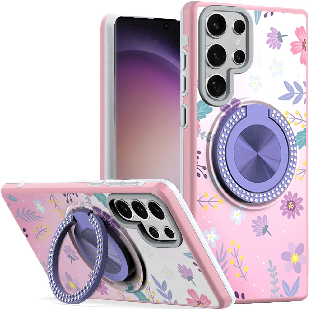 For Samsung Galaxy S23 Ultra Pattern Design Hybrid with Invisible Ring Stand & Magnetic Back, Shockproof Protective Grip Case Cover