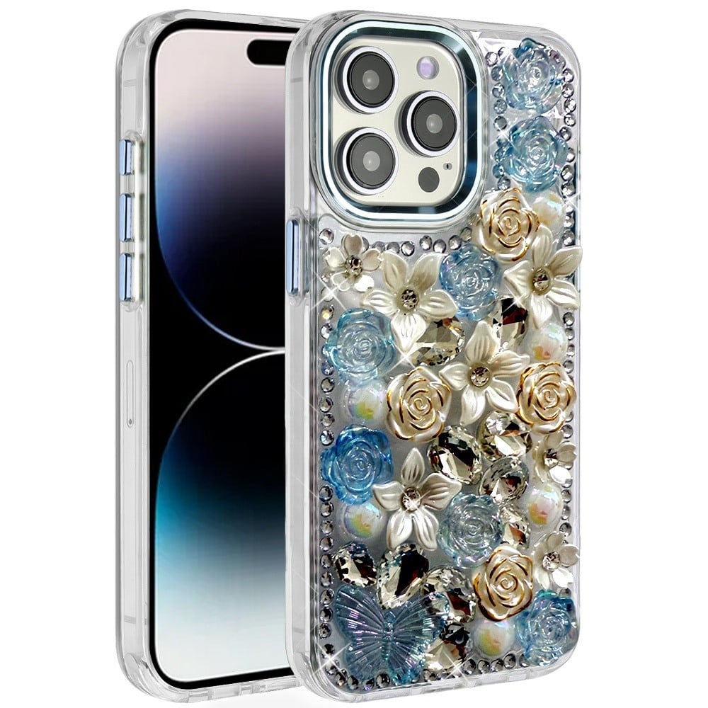 Phone Case for Apple iPhone 14 Pro Max Luxury Rose Bling Rhinestone Glitter Floral Hybrid Shockproof Stylish Protective Designer Ornament Sparkle Cover