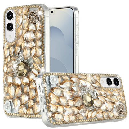 For Samsung Galaxy S25 Edge Bling Crystal 3D Full Diamonds Luxury Sparkle Rhinestone Hybrid Protective Case Cover Gold Panda Floral
