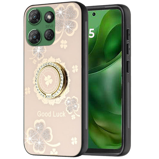 For Motorola Moto G 5G 2025 Diamonds 3D Fashion Floral Bling Sparkly Glitter Ornaments Engraving Hybrid with Ring Stand Case Cover Gold Good Luck Floral