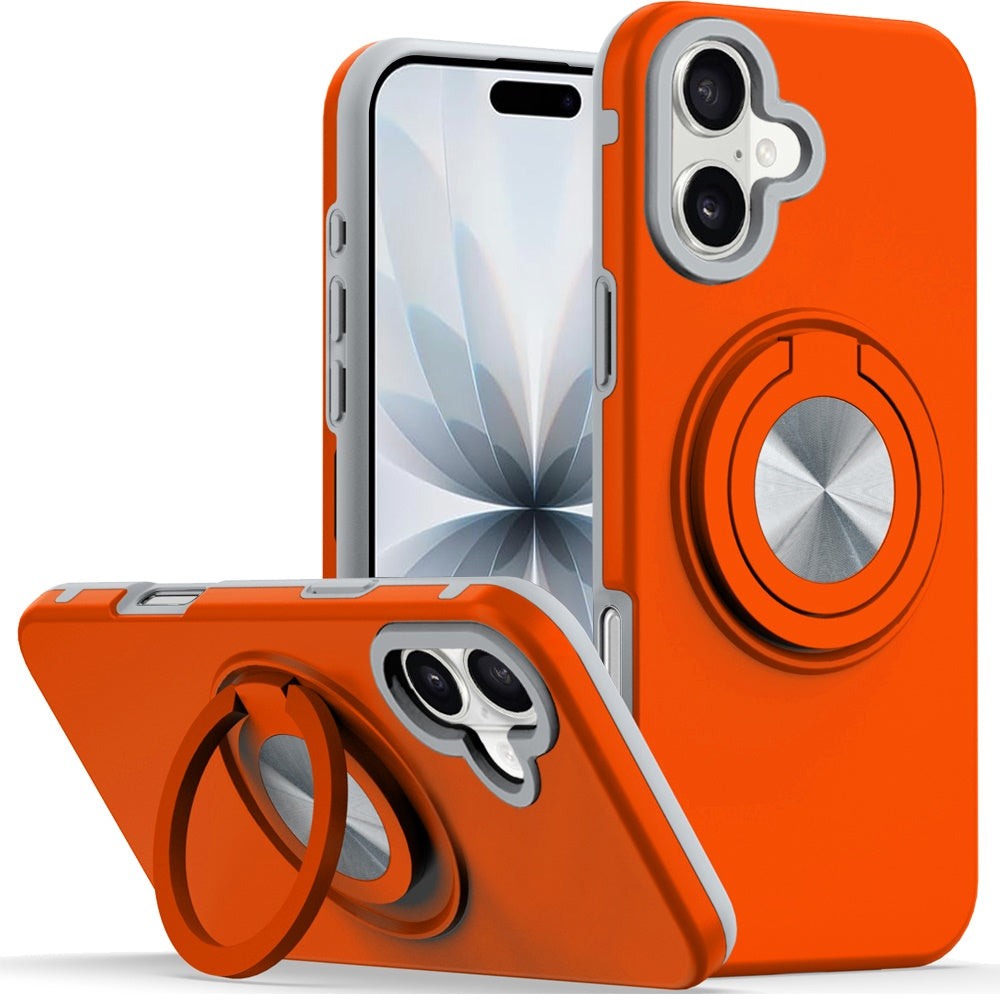 For Apple iPhone 17 Metal Matte Hybrid with Invisible Rotational Ring Stand, Car Mount Friendly, Military Grade Slim Fit Sturdy Case Cover Cosmic Orange