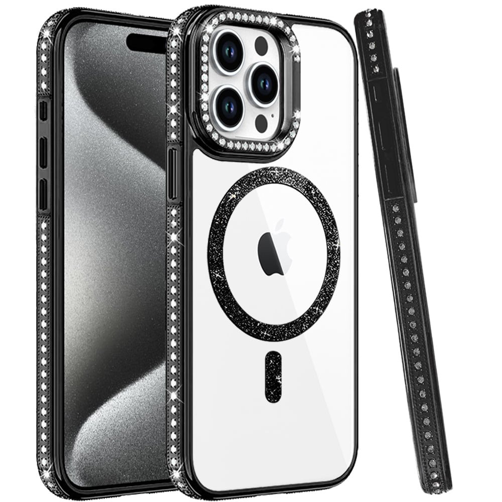 Phone Case for Apple iPhone 15 Pro Max Luxury Diamond Bling Edged Magnetic Glitter Shockproof Hybrid with Camera Kickstand Durable Grip Cover