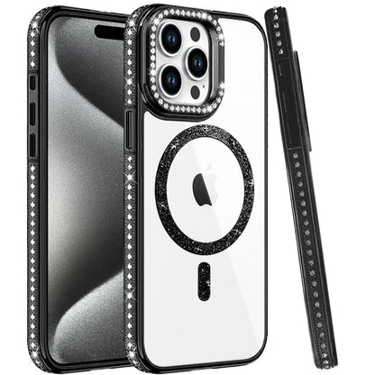 Phone Case for Apple iPhone 15 Pro Max Luxury Diamond Bling Edged Magnetic Glitter Shockproof Hybrid with Camera Kickstand Durable Grip Cover