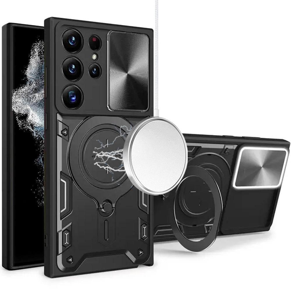 Phone Case for Galaxy S22 Ultra Magnetic Ring Stand Shockproof Hybrid Full Camera Slide Guard Anti Slip Heavy Duty Protective Armor Cover