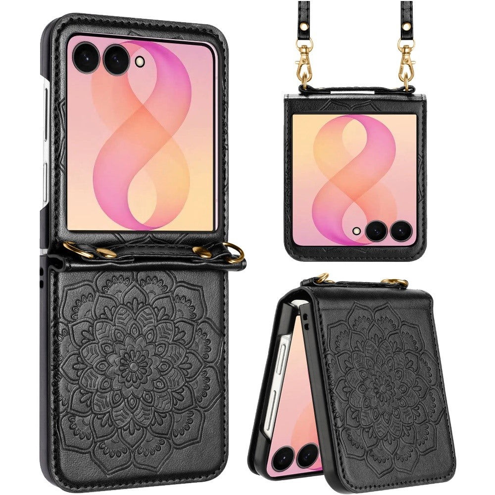 Phone Case for Samsung Galaxy Z Flip 8 PU Leather Embossed Floral Textured with Strap Protective Reinforced Edge Mandala Design Cover