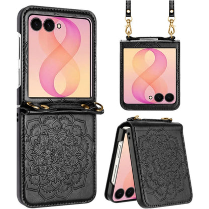 Phone Case for Samsung Galaxy Z Flip 8 PU Leather Embossed Floral Textured with Strap Protective Reinforced Edge Mandala Design Cover