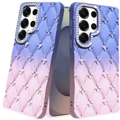 For Samsung Galaxy S25 Ultra Fashion Flower Design Sparkle Glitter Shimmer Rhinestone Bling Floral Accents, Leather Texture TPU Case Cover Light Blue/Light Pink