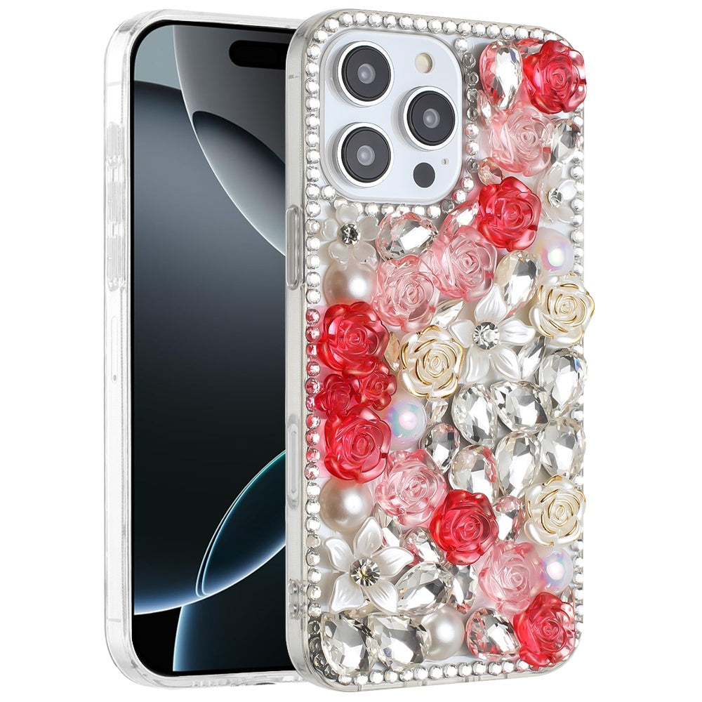 Phone Case for Apple iPhone 16 Pro Max Rose Flower Full Diamond Bling Rhinestone Glitter Luxury Stylish Sparkle Protective Designer Hybrid Cover Red