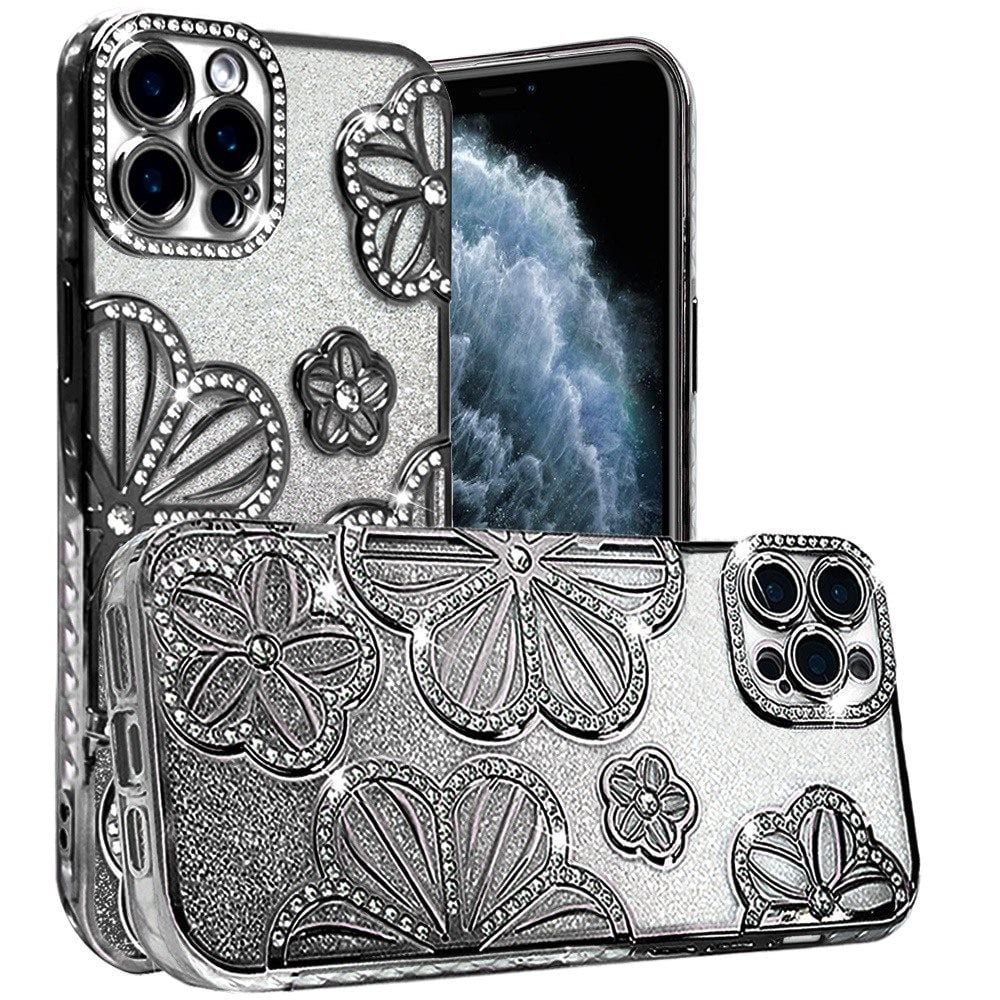 For Apple iPhone 11 Pro Max Luxury Flower Design Sparkle Glitter Diamond Rhinestone Shimmer Bling Plating Thick TPU Hard PC Case Cover