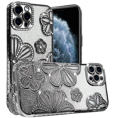 For Apple iPhone 11 Pro Max Luxury Flower Design Sparkle Glitter Diamond Rhinestone Shimmer Bling Plating Thick TPU Hard PC Case Cover