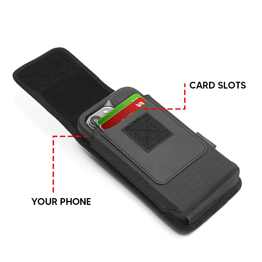 For Apple iPhone 16 Pro (6.3") Universal Vertical Nylon Phone Case Carrying Pouch Cover with Card Storage Pocket & Belt Clip Loop Holster Front Grip [Black]