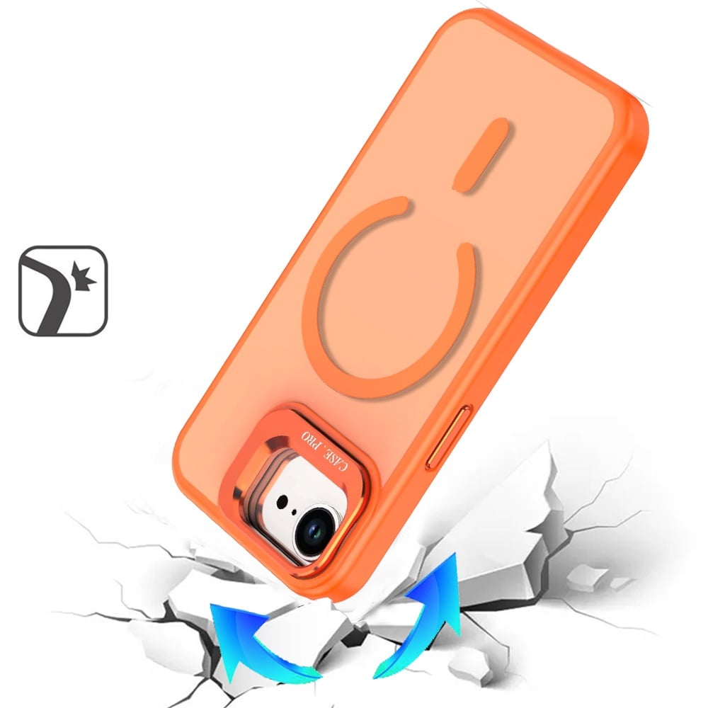 For iPhone 15 Plus (6.7") MagSafe Compatible Matte Metallic Stand TPU Hybrid Drop Protection Camera Kickstand Case Cover Cosmic Orange