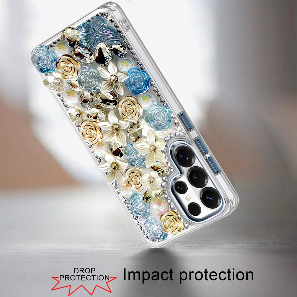 For Samsung Galaxy S25 Ultra 3D Diamond Floral Roses Flower Bling Stone Hybrid, Sparkly Rhinestone Gemstone Back Shockproof Case Cover