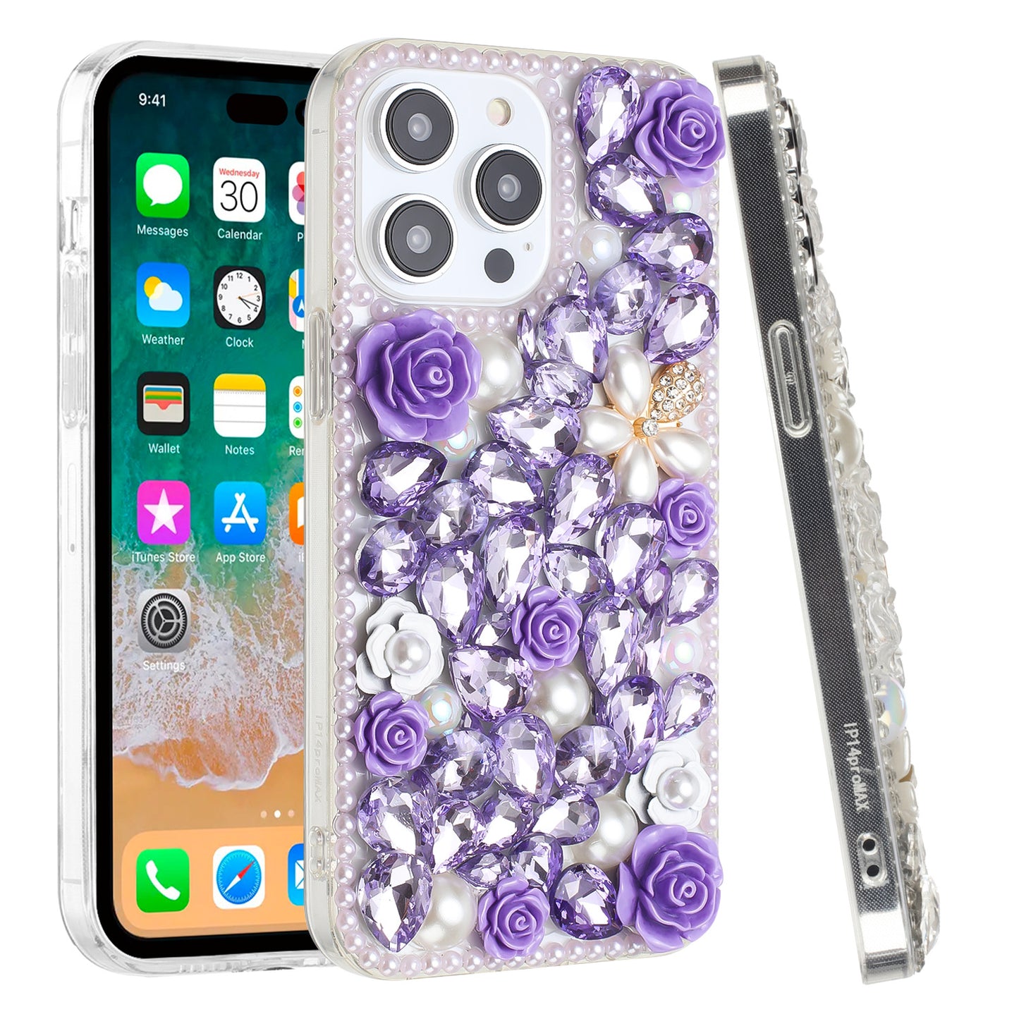 Phone Case for Apple iPhone 15 Pro Max Rose Flower Full Diamond Bling Rhinestone Glitter Luxury Stylish Sparkle Protective Designer Hybrid Cover Purple