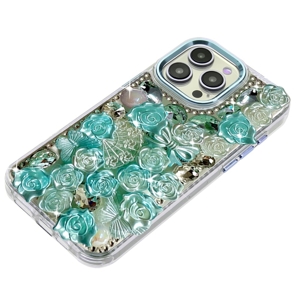 For Apple iPhone 15 Pro Max Muti-Color Floral Fashion Bling Crystal 3D Full Diamonds Stones Sparkle Rhinestone Glitter Hybrid Case Cover