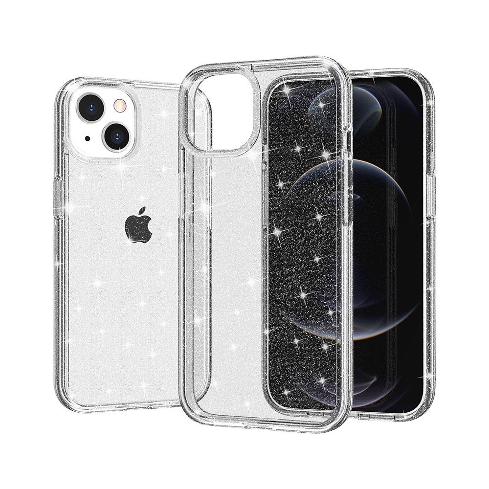 For iPhone 15 Plus (6.7") Transparent Glitter Shiny Sparkle Bling TPU Rubber Hard Back Hybrid Frame Shockproof Case Cover Clear