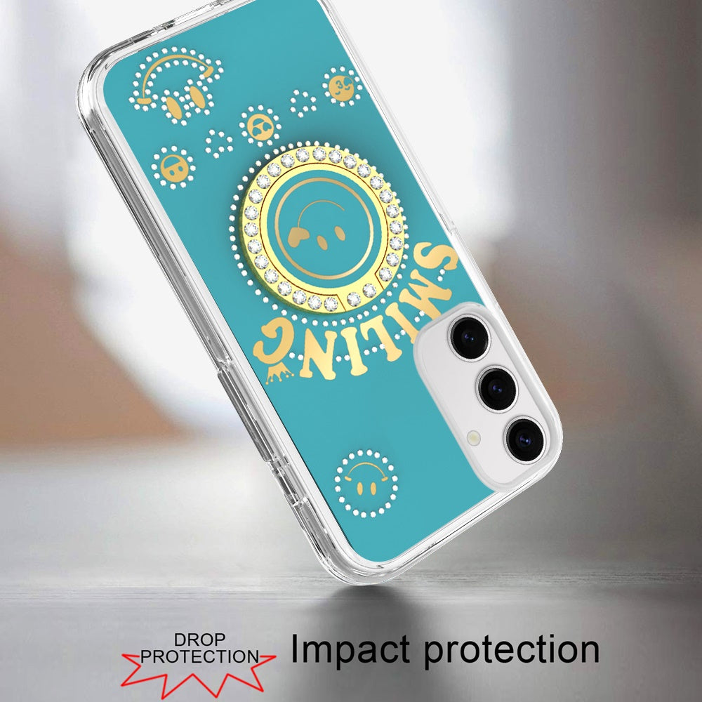 For Samsung Galaxy A16 5G Smiling Glitter Ornament Bling Sparkle with Ring Stand Hybrid Slim TPU + Hard Back Shell Case Cover