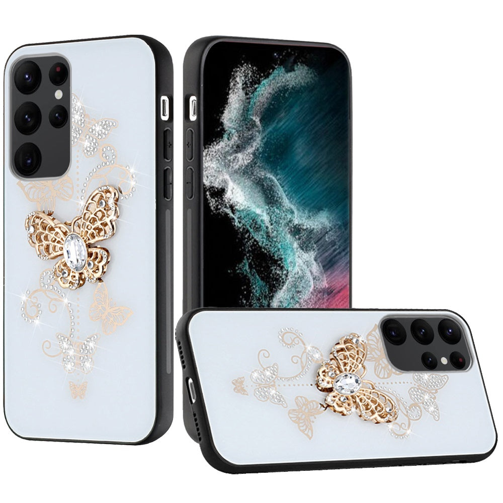 For Samsung Galaxy Z Flip 7 FE Diamonds 3D Butterfly Bling Sparkly Glitter Ornaments Engraving Hybrid Metal Fashion Case Cover White Garden Butterflies