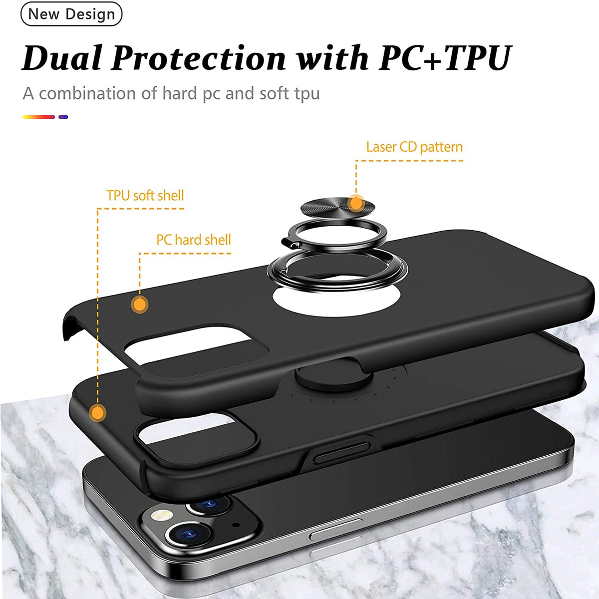 For Gabb Phone 4 Pro Military Grade Hybrid Case with Flat Metal Ring 360° Rotation Kickstand, Slim Fit Back Hard PC Case Cover Black
