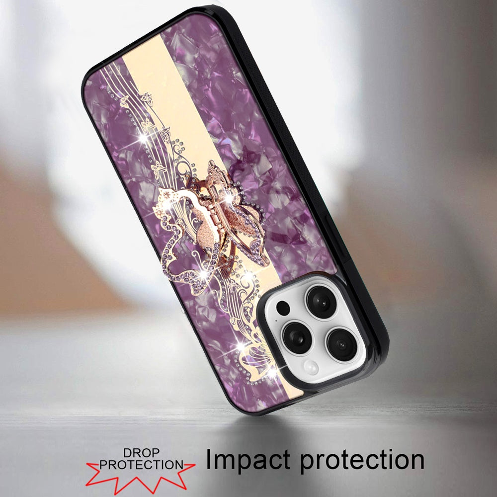 Diamond Glitter Butterfly Engraved Ring Stand Luxury Bling Hybrid Shockproof Chrome Edge Protective Durable Grip