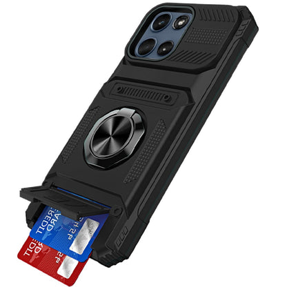 For Motorola Moto G Play 5G 2026 2X Card Slot Metal Ring Stand Hybrid Shockproof Heavy Duty Drop Protection Multi Functional Design Case Cover Black