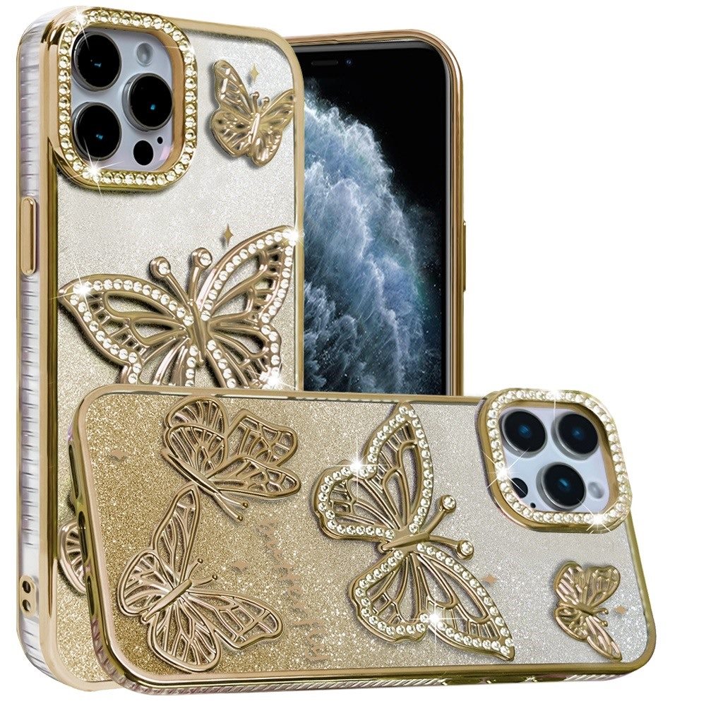 For Apple iPhone 11 Pro Max Luxury Butterfly Sparkle Glitter Diamond Crystal Rhinestone Shimmer Bling Plating Thick TPU Hard PC Case Cover