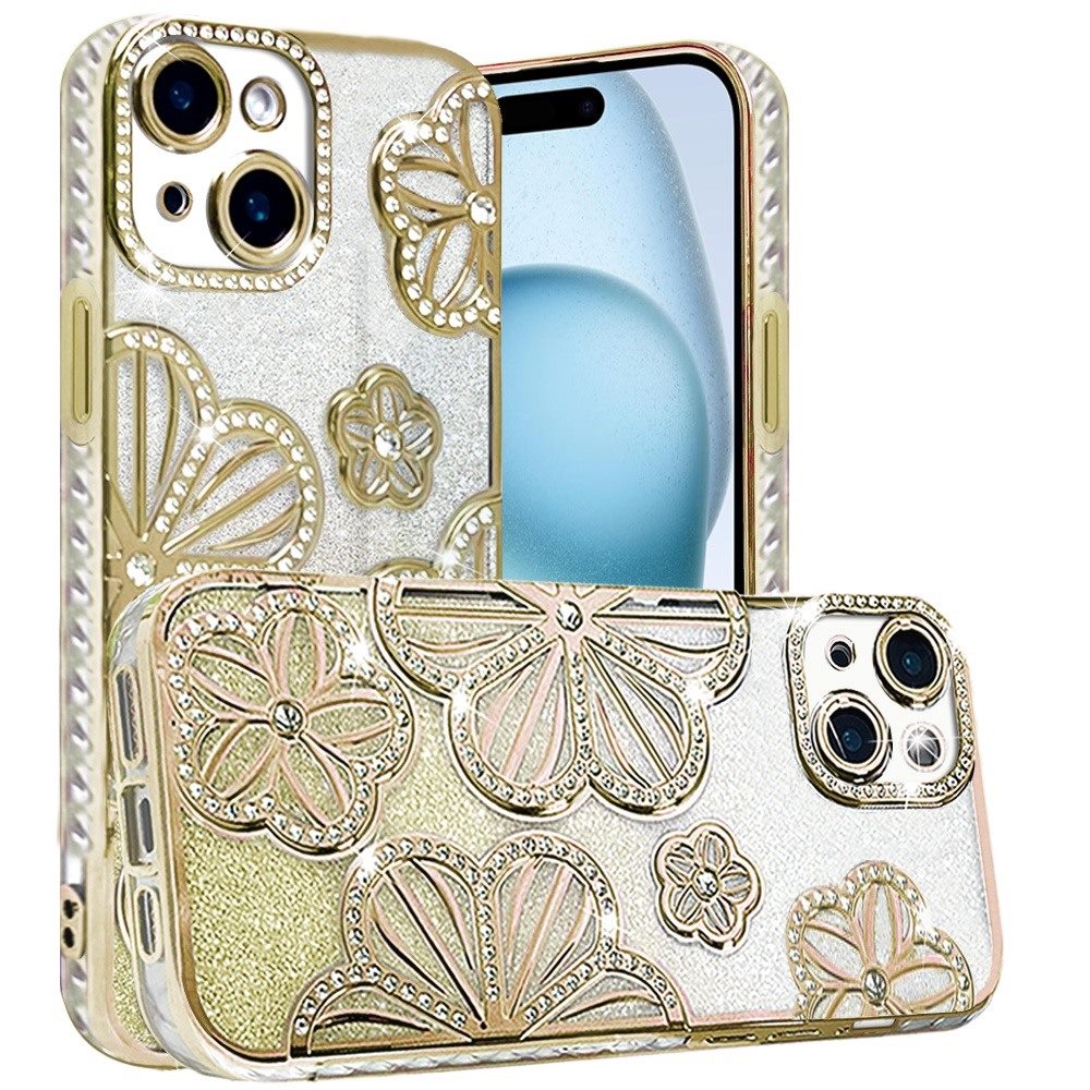 Phone Case for Apple iPhone 15 Plus Shimmer Glitter Floral Thick TPU Shockproof Durable Grip Camera Protection Anti-Scratch Stylish Design Cover