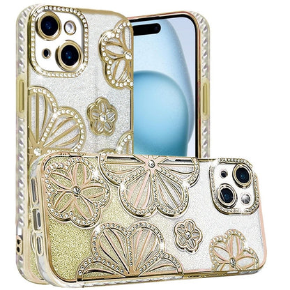 Phone Case for Apple iPhone 15 Plus Shimmer Glitter Floral Thick TPU Shockproof Durable Grip Camera Protection Anti-Scratch Stylish Design Cover