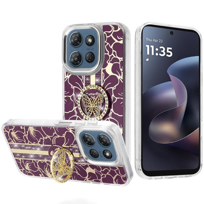 Phone Case for Motorola Moto G 5G 2026/ Moto G 5G 2025 Floral Butterfly Ring Stand Glitter Bling Shockproof Hybrid Luxury Fashion Protective Anti Slip Durable Grip Cover Purple