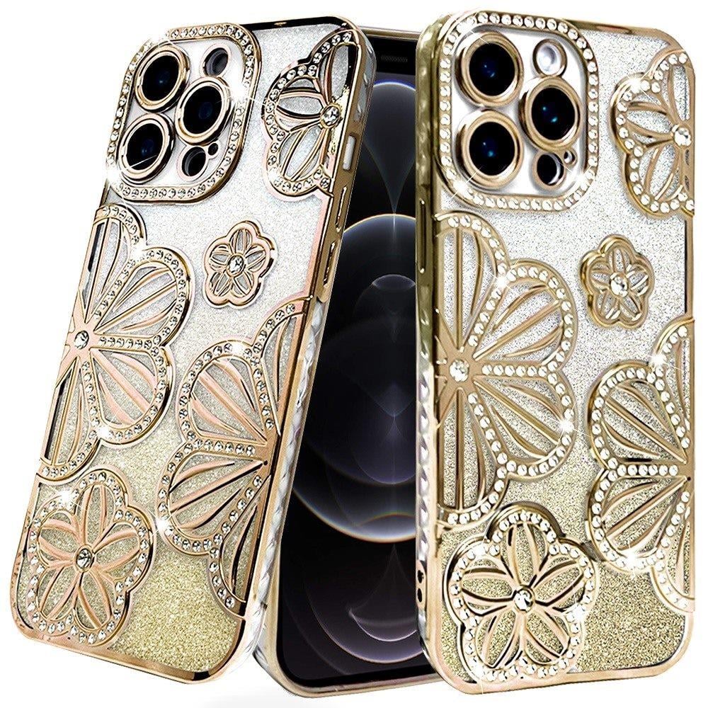 For Apple iPhone 12 Pro Max Luxury Flower Design Sparkle Glitter Diamond Rhinestone Shimmer Bling Plating Thick TPU Hard PC Case Cover