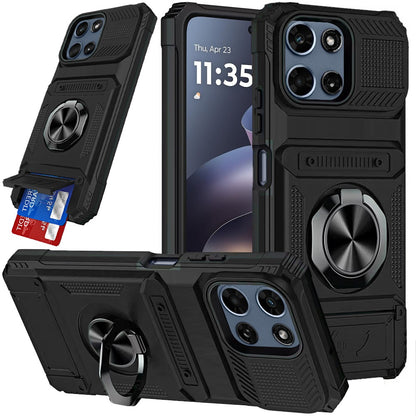 For Motorola Moto G 5G 2026/2025 2X Card Slot Metal Ring Stand Hybrid Shockproof Heavy Duty Drop Protection Multi Functional Design Case Cover Red