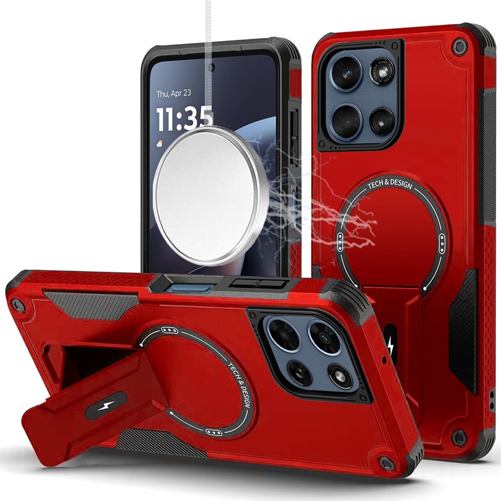 Phone Case for Motorola Moto G 5G 2026/ Moto G 5G 2025 Magnetic Kickstand Rugged Shockproof Armor Grip Anti Slip Heavy Duty Protective Matte Stand Hybrid Cover Red