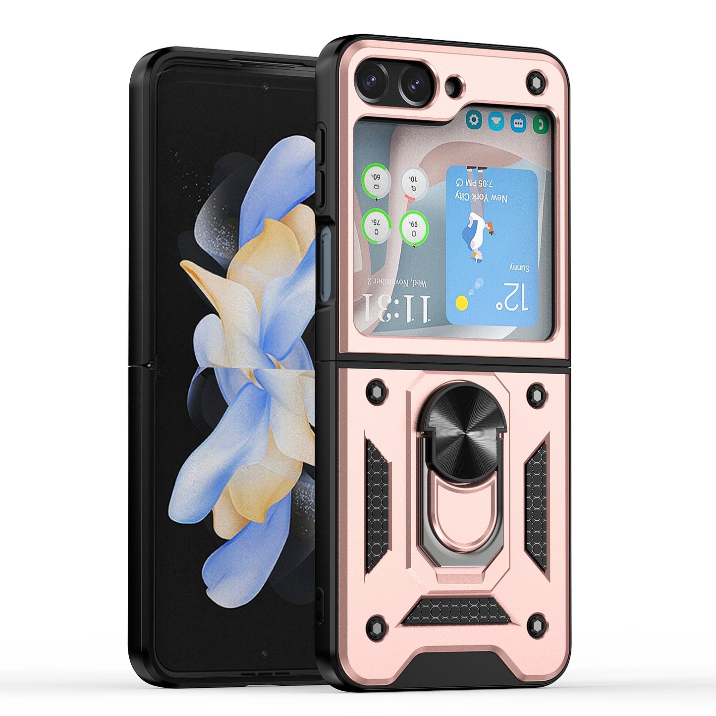 For Samsung Galaxy Z Flip 5 Magnetic Ring Stand Camera Protection Shock Resistant Hybrid Durable Grip Kickstand Function for Flip Series Case Cover Rose Gold