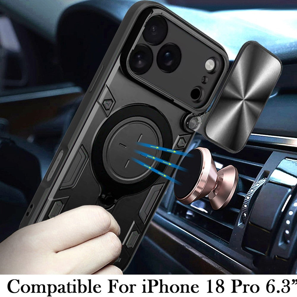 Phone Case for Apple iPhone 18 Pro Magnetic Ring Stand Shockproof Hybrid Full Camera Slide Guard Anti Slip Heavy Duty Protective Armor Cover Black