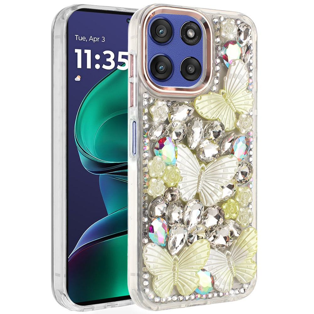 For Motorola Moto G Power 5G 2025 3D Diamond Floral Butterfly Bling Stone Hybrid, Sparkly Rhinestone Gemstone Back Shockproof Case Cover