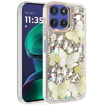 For Motorola Moto G Power 5G 2025 3D Diamond Floral Butterfly Bling Stone Hybrid, Sparkly Rhinestone Gemstone Back Shockproof Case Cover