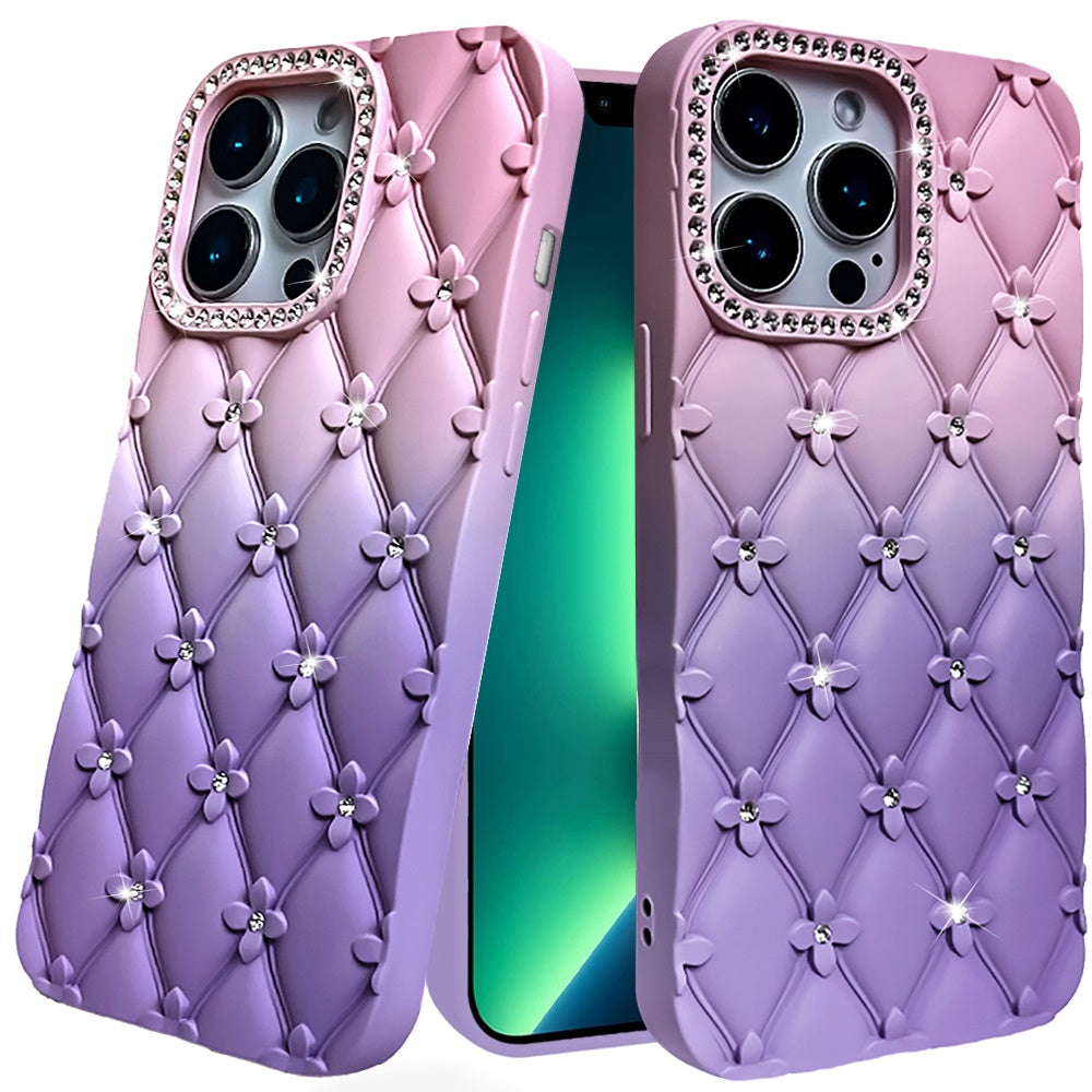 For Samsung Galaxy S25 Ultra Fashion Flower Design Sparkle Glitter Shimmer Rhinestone Bling Floral Accents, Leather Texture TPU Case Cover Light Pink /Light Purple