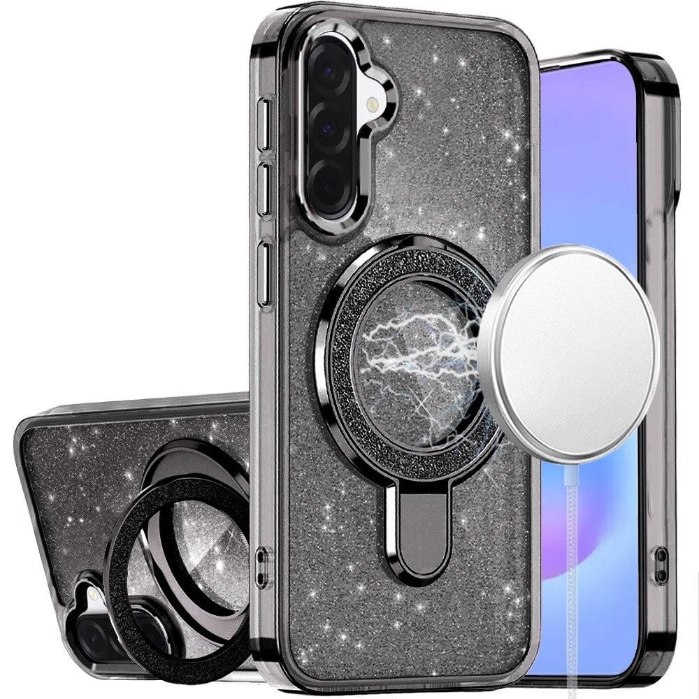 Phone Case for Samsung Galaxy A57 Transparent Glitter Bling Magnetic Ring Stand Shockproof Anti Slip Rotating Grip Protective Hybrid Durable Armor Cover