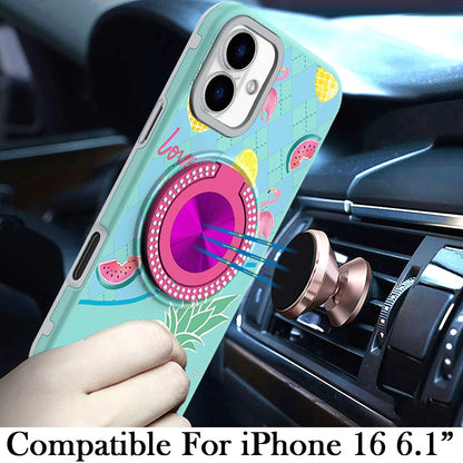 For iPhone 16 (6.1") Pattern Design Hybrid with Invisible Ring Stand & Magnetic Back, Shockproof Protective Grip Case Cover