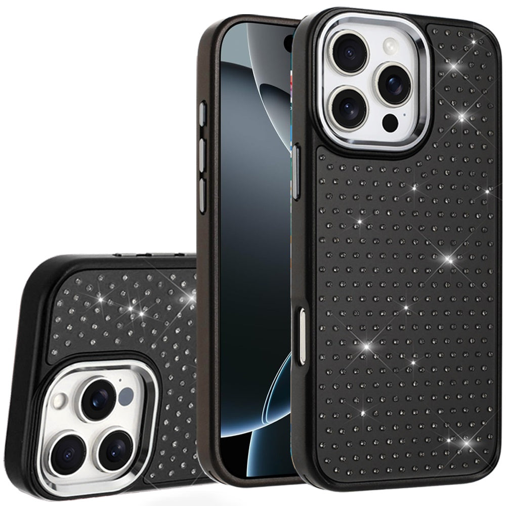 For Apple iPhone 16e Bling Diamond Metallic, Full Sparkle Chrome Edged Hybrid Protective Shockproof Case Cover