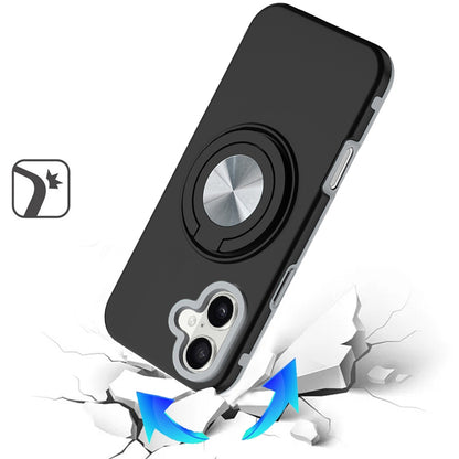Phone Case for Apple iPhone 17 Shockproof Magnetic Ring Stand Rotating CarMount Hybrid Metal Matte Finish AntiSlip Grip Kickstand Cover Black