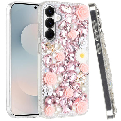 For Samsung Galaxy S26+ / S26 Plus Fashion Rose Flower Floral, 3D Bling Crystal Full Diamonds Pearl Sparkle Rhinestone Glitter Hybrid Case Cover