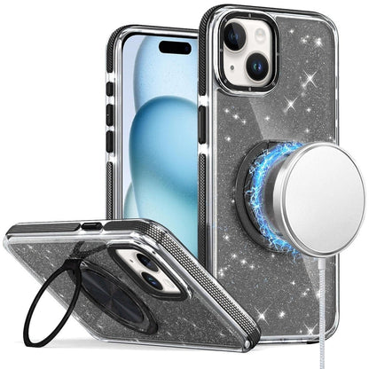 For iPhone 15 Plus (6.7") Slim Bling Glitter Sparkly Shimmer Hybrid with Magnetic Ring and 360° Rotational Stand [Compatible with Magsafe] Case Cover