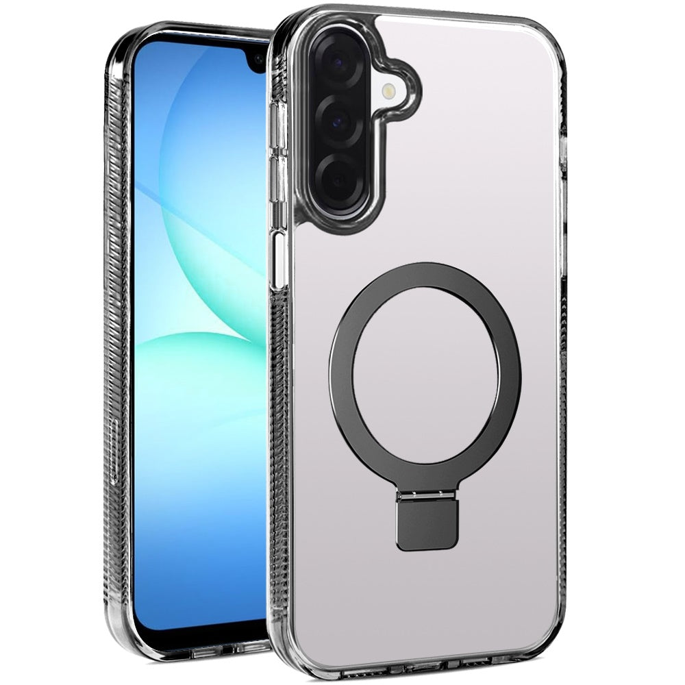 Phone Case for Samsung Galaxy A17 5G Transparent Dotted Edge Magnetic Ring Stand Shockproof Hybrid Grip Kickstand Clear Rugged Drop Protection Cover Black