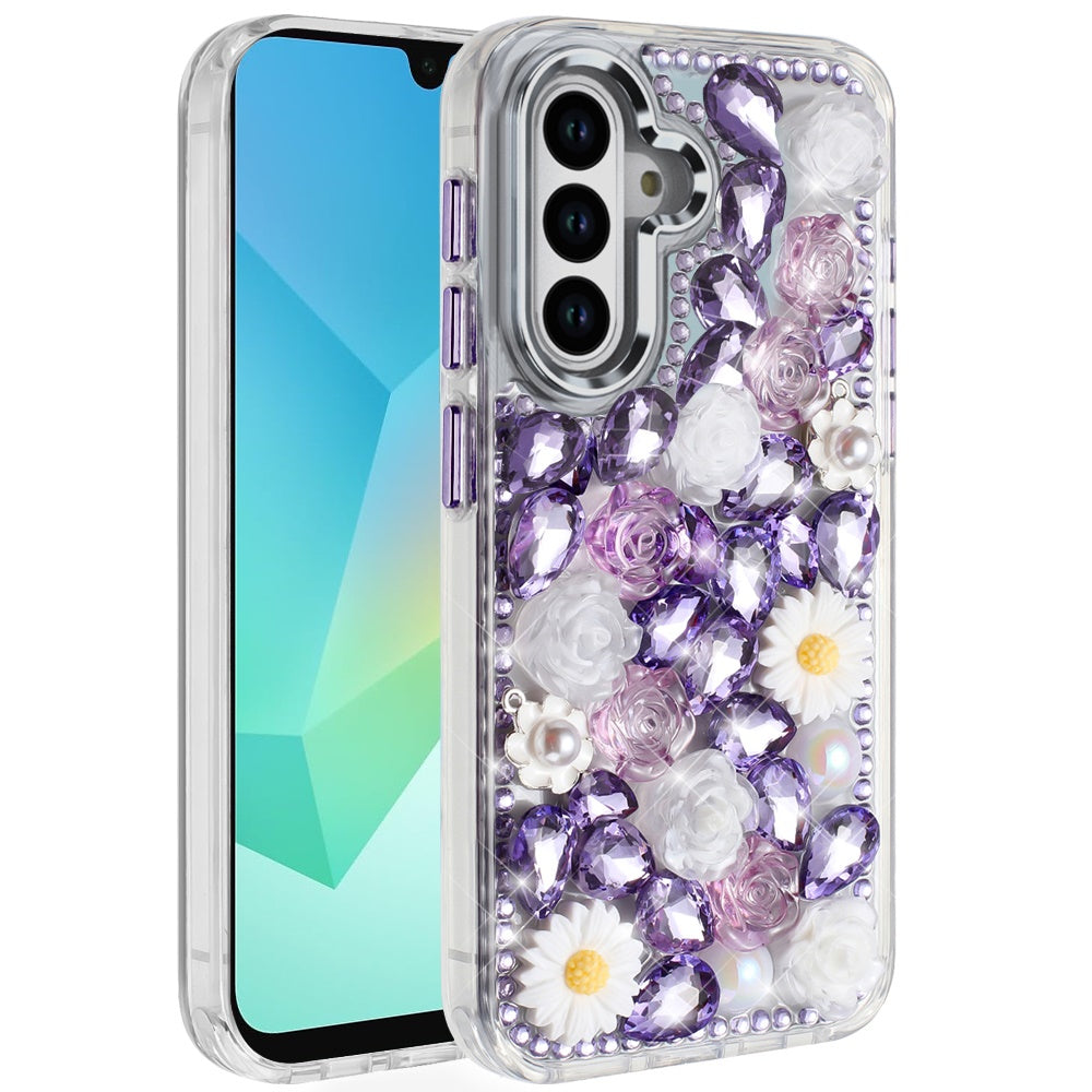 For Samsung Galaxy S25+ /S25 Plus /S24+ Plus Fashion Daisy Floral Series, Full 3D Bling Crystal Diamonds Sparkling Rhinestone Glitter Hybrid Design Case Cover