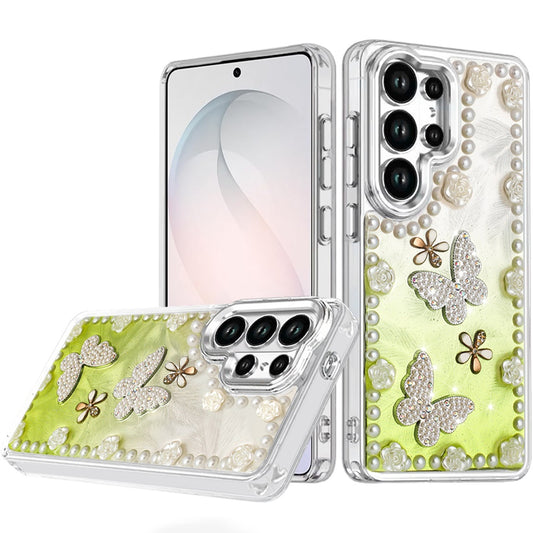 For Samsung Galaxy S26 Ultra Bling Fashion Design with 3D Pearls Epoxy Glitter Ornaments Chrome Edge Hard Slim PC Case Cover