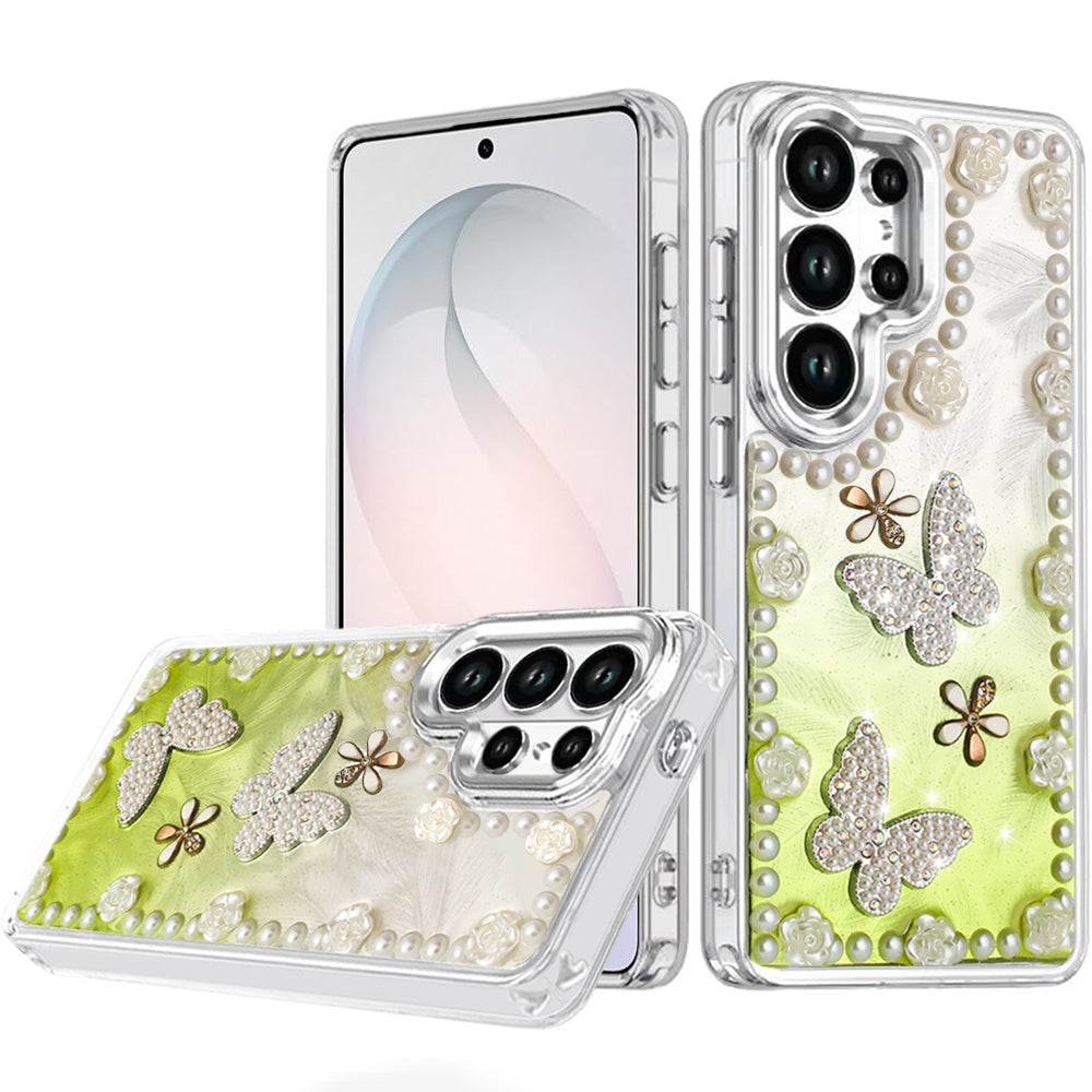 For Samsung Galaxy S26 Ultra Bling Fashion Design with 3D Pearls Epoxy Glitter Ornaments Chrome Edge Hard Slim PC Case Cover