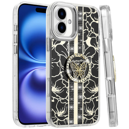 For Apple iPhone 17 (6.3") Diamonds 3D Butterfly Floral Design Bling Sparkly Glitter Hybrid Metal Fashion with Ring Stand Case Cover